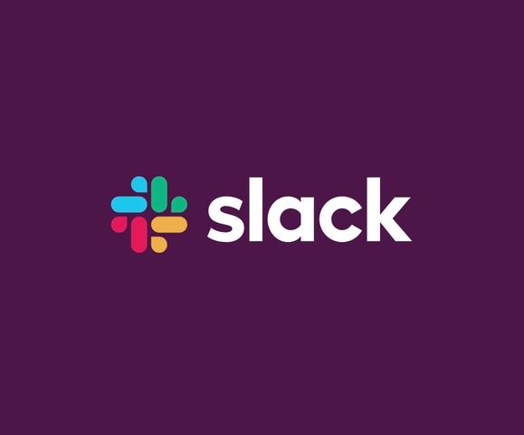 A purple background with "slack" in white lettering and their cyan, magenta, green and gold logo to the left.